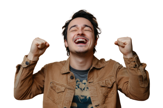 Portrait of delighted positive person closed eyes raise fists shout yeah isolated PNG

