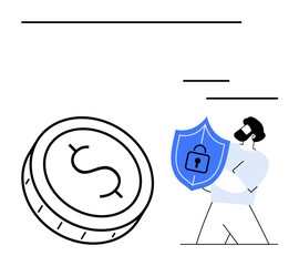 Man holding blue shield with padlock symbol beside large dollar coin. Ideal for financial protection, cybersecurity, savings, insurance, online security, secure investment, banking. Line metaphor