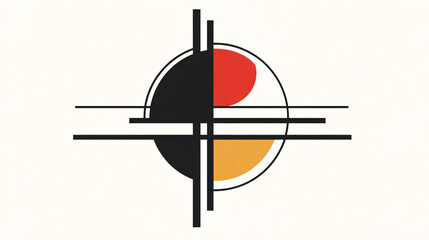 a geometric design with intersecting black lines and red and yellow semicircles forming a symmetrical abstract pattern

