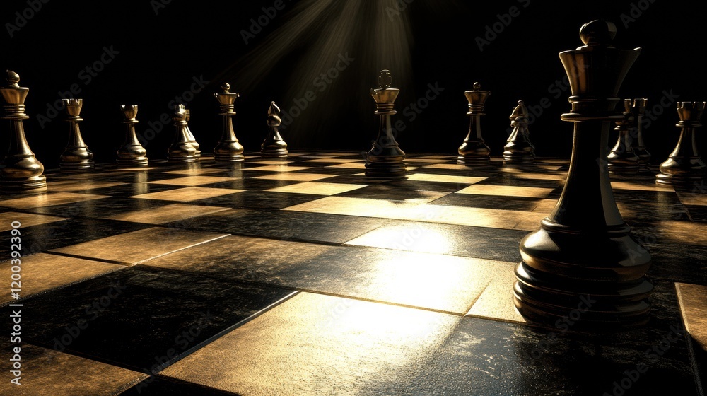 Poster chess pieces arranged on a shiny board under dramatic lighting in an indoor setting at night. genera