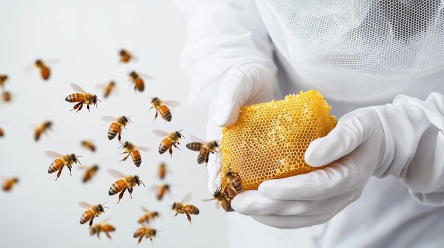 beekeeper holding intricate honeycomb, bees in motion, protective suit and netted helmet, realistic detail, isolated on white background