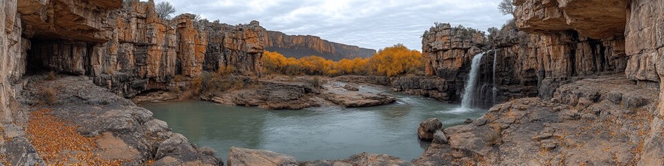 Obraz premium Explore Majestic Panoramic Views of Rocky Waterfall in Autumn Landscape with Turquoise Pool and Dramatic Cliffs Under Cloudy Sky for Adventure and Nature Lovers