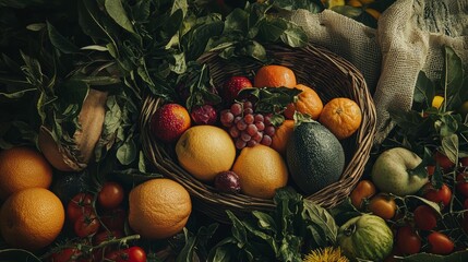 Rustic basket filled with fresh vegetables and fruits
