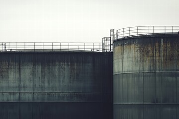 Obraz premium Large oil storage tanks at an industrial site under an overcast sky during early morning hours. Generative AI
