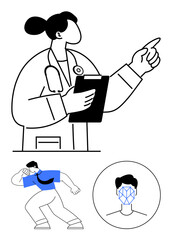Female doctor pointing while holding notes, a person performing stretches, and a facial recognition outline. Ideal for healthcare, fitness, AI, diagnostics, identity, biometrics teamwork abstract
