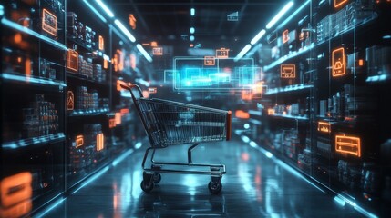 A shopping cart positioned in a futuristic environment, surrounded by holographic product images and glowing digital tags