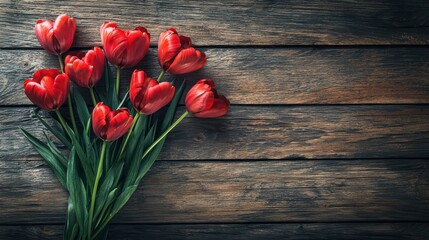 A vibrant bouquet of red tulips gracefully adorns a rustic wooden table, embodying love and warmth perfect for Valentine's Day celebrations.