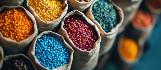 Vibrant Spice Market: A Colorful Display of Aromatic Spices and Herbs in Burlap Sacks