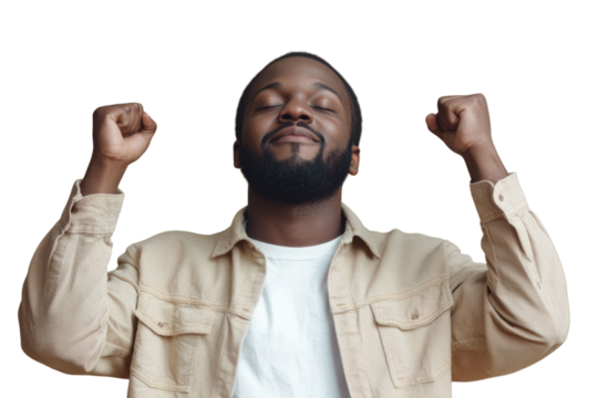 Portrait of delighted positive person closed eyes raise fists shout yeah isolated PNG
