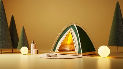 Outdoor gear sale ad, cozy camping setup at dusk, clean space for promo details, warm and inviting design, perfect for e-commerce