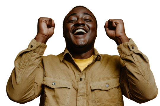 Portrait of delighted positive person closed eyes raise fists shout yeah isolated PNG

