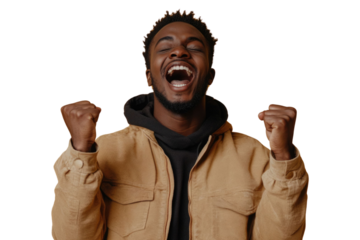 Portrait of delighted positive person closed eyes raise fists shout yeah isolated PNG

