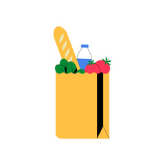 Grocery Bag With Fresh Produce And Baguette In Flat Vector Illustration Symbolizing Healthy Eating, Shopping, And Food Supply, Isolated On White Background