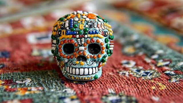 Colorful decorative skull placed on a patterned textile showcasing intricate craftsmanship and cultural significance