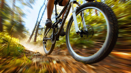 Fototapeta premium A cyclist speeds through a lush forest trail, creating a cloud of dust while enjoying the thrill of outdoor biking on a sunny day - Generative AI