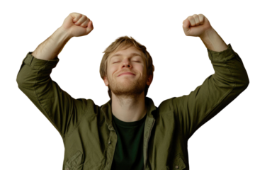 Portrait of delighted positive person closed eyes raise fists shout yeah isolated PNG

