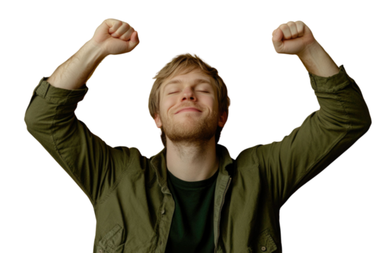 Portrait of delighted positive person closed eyes raise fists shout yeah isolated PNG

