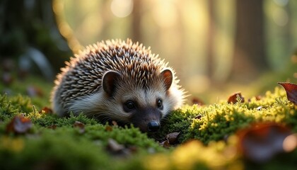 Fototapeta premium The hedgehog hid on the green moss in a quiet forest, soft rays of sun breaking through the trees.