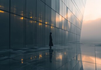 Person in sleek black outfit stands by modern glass building at dusk