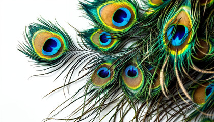 Obraz premium Colorful peacock feathers arranged elegantly for decorative purposes