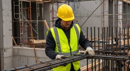 Construction worker in yellow hard hat and safety vest working with steel reinforcement at construction site