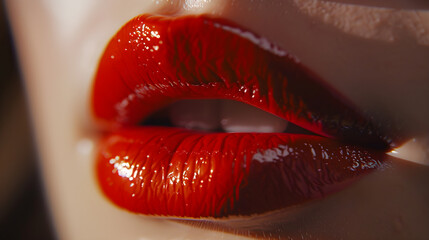 Glossy Red Lips Close-Up Under Natural Light Depicting Beauty and Sophistication