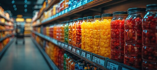 Fototapeta premium Vibrant Supermarket Aisle Fresh Vegetables Colorful Shelves Shopping Cart Consumerism Healthy Eating
