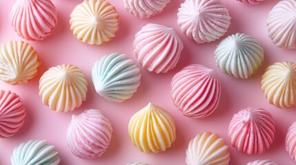 Obraz premium A delightful array of colorful candies scattered on a soft pink background, perfect for sweetening up Valentine's Day celebrations.