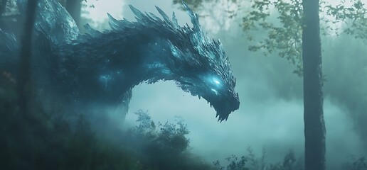 Ice dragon in misty forest, fantasy art