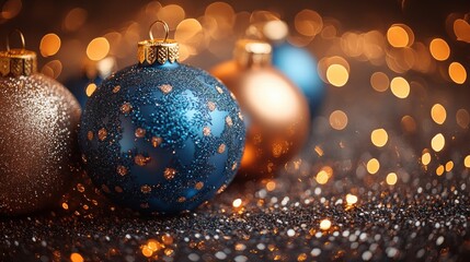Elegant Blue and Gold Christmas Ornaments with Sparkling Reflections and Bokeh Background