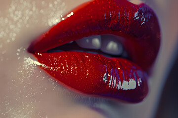 Glossy Red Lips Close-Up Under Natural Light Depicting Beauty and Sophistication