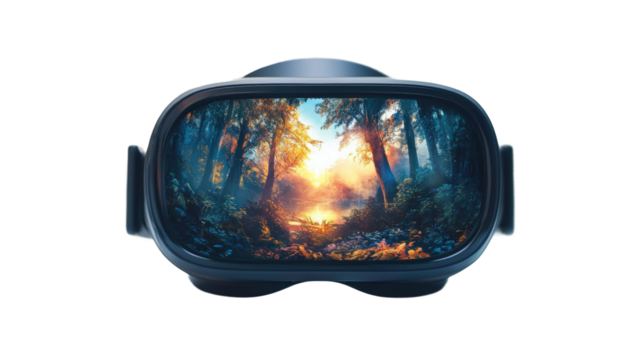 Virtual reality headset showcasing a vibrant forest scene at sunset isolated on transparent background