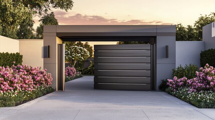 A contemporary charcoal-gray garage door with horizontal steel panels, set against light gray walls