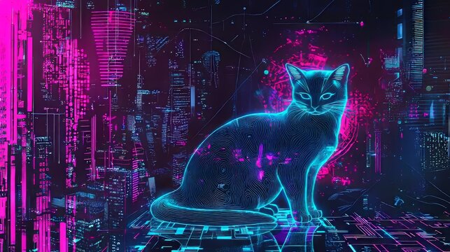 A futuristic design of a cat outlined by glowing fingerprint lines, neon accents, and a cyberpunk-themed city in the background