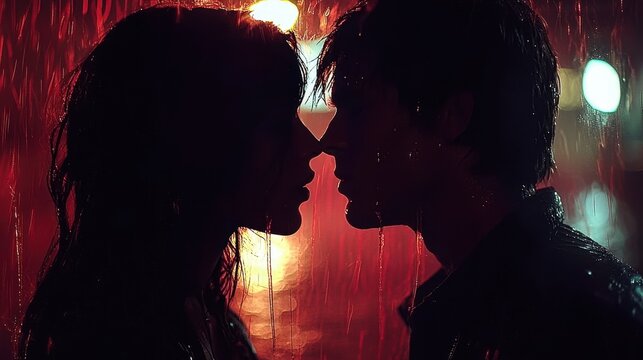 A romantic couple shares a passionate kiss under a downpour, silhouetted against the night sky, embodying love's magic in a rainy embrace. - Powered by Adobe