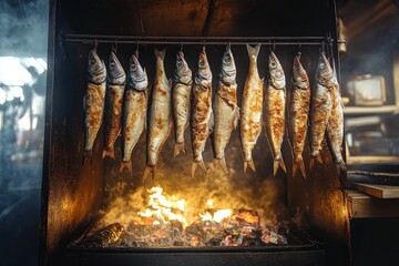 Smoked Fish in a Rustic Smokehouse with Bream and Warm Light