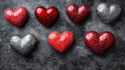 Obraz premium A cascade of shimmering red and silver hearts dances across a soft gray backdrop, creating a romantic and enchanting atmosphere perfect for Valentine's Day.