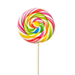 Brightly colored lollipop candy on a clean transparent background showcasing playful swirls and vibrant stripes, lollipop candy isolated on transparent background