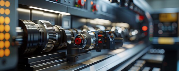 Fototapeta premium Industrial machinery close-up; gears & controls; factory background