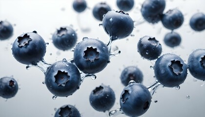Blueberries close-up in a splash of clear water on a white background