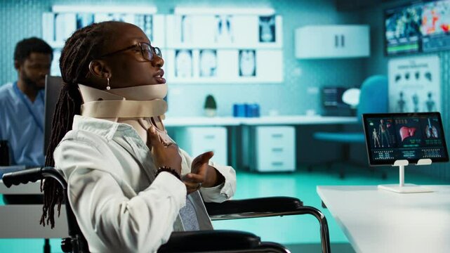 Wheelchair user with a fractured neck injury wearing cervical foam collar, talking to specialist about painkillers or advice for recovery. Young girl with spinal fracture at checkup. Camera B.