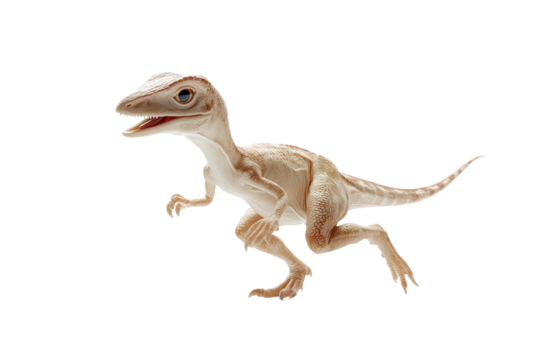 Small dinosaur model running on a white background with a lively expression isolated on transparent background