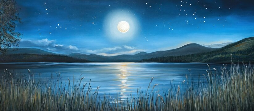 Moon over lake with mountain backdrop, night setting, for landscape scene or nature ad