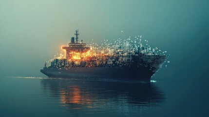 Fototapeta premium A creative composite of a cargo ship dissolving into digital pixels, symbolizing digitization in shipping.