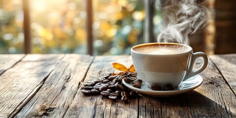 Warm Coffee in Vintage Cup on Rustic Wooden Table with Beans and Aroma