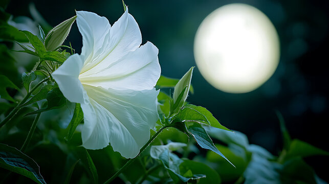 dreamy macro photograph of white moonflower with glowing moon in background, creating serene atmosphere