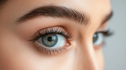 Obraz premium Stunning Close-up of a Woman's Eye, Showcasing Perfectly Shaped Eyebrows and Long Lashes. A Captivating Gaze.