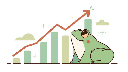 a frog watching the stock market arrow go up. cute simple clear line art style