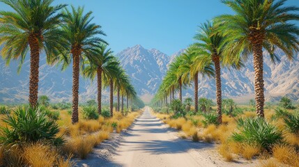 Fototapeta premium Serene Oasis: Palm Trees Line Desert Road Towards Majestic Mountains