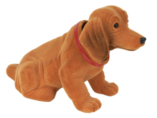 niedlicher , retro Wackeldackel (Welpe) mit Dackelblick sitzt, Ansicht von schräg vorne und schaut mit Dackelblick in die Ferne, isoliert, freigestellt 